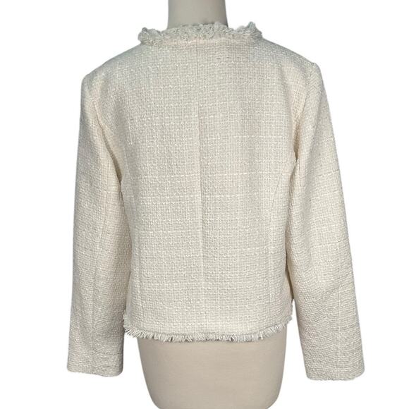 Rachel Zoe White Tweed Fringe Blazer Jacket Gold Buttons Large Quiet Luxury - Picture 2 of 11